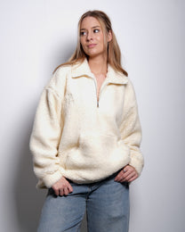 Cream Oversized Teddy Quarter Zip Sweater – Fluffy Cozy Pullover | Seishiki Studio