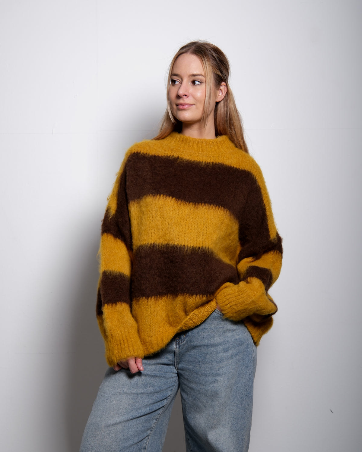 Fluffy Striped Sweater Yellow and Taupe | SEISHIKI STUDIO