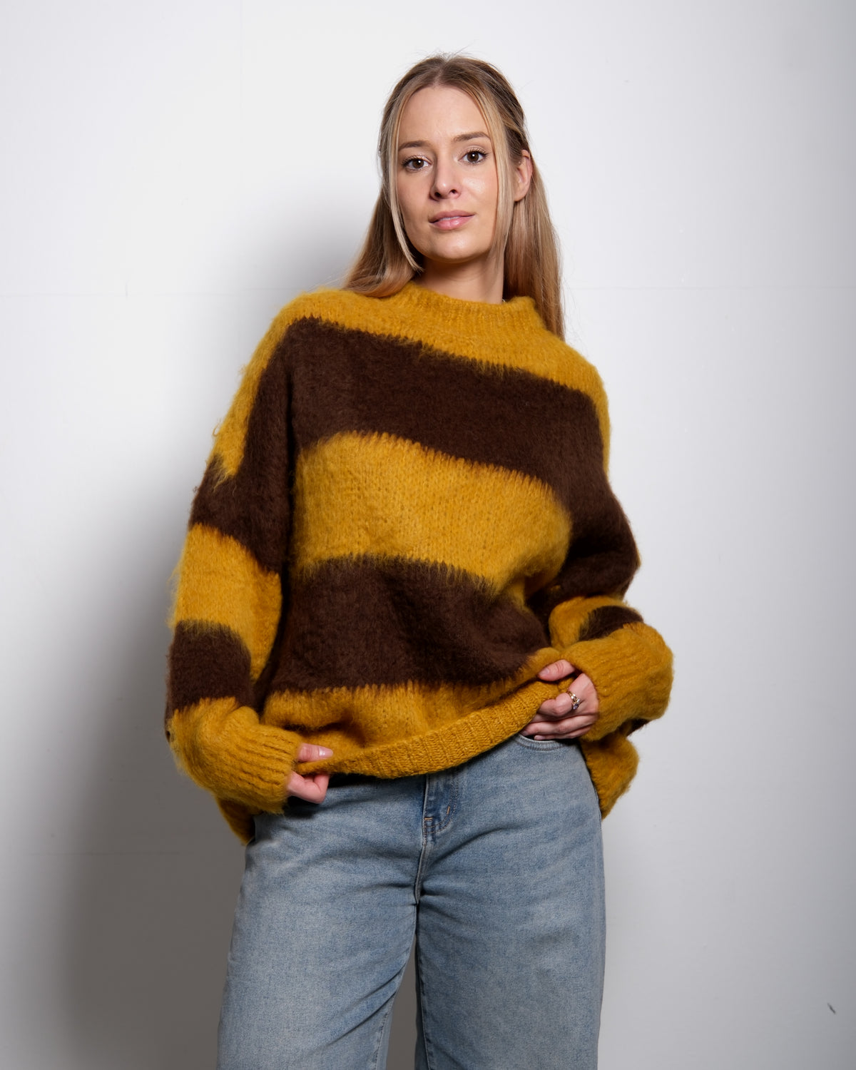 Fluffy Striped Sweater Yellow and Taupe | SEISHIKI STUDIO