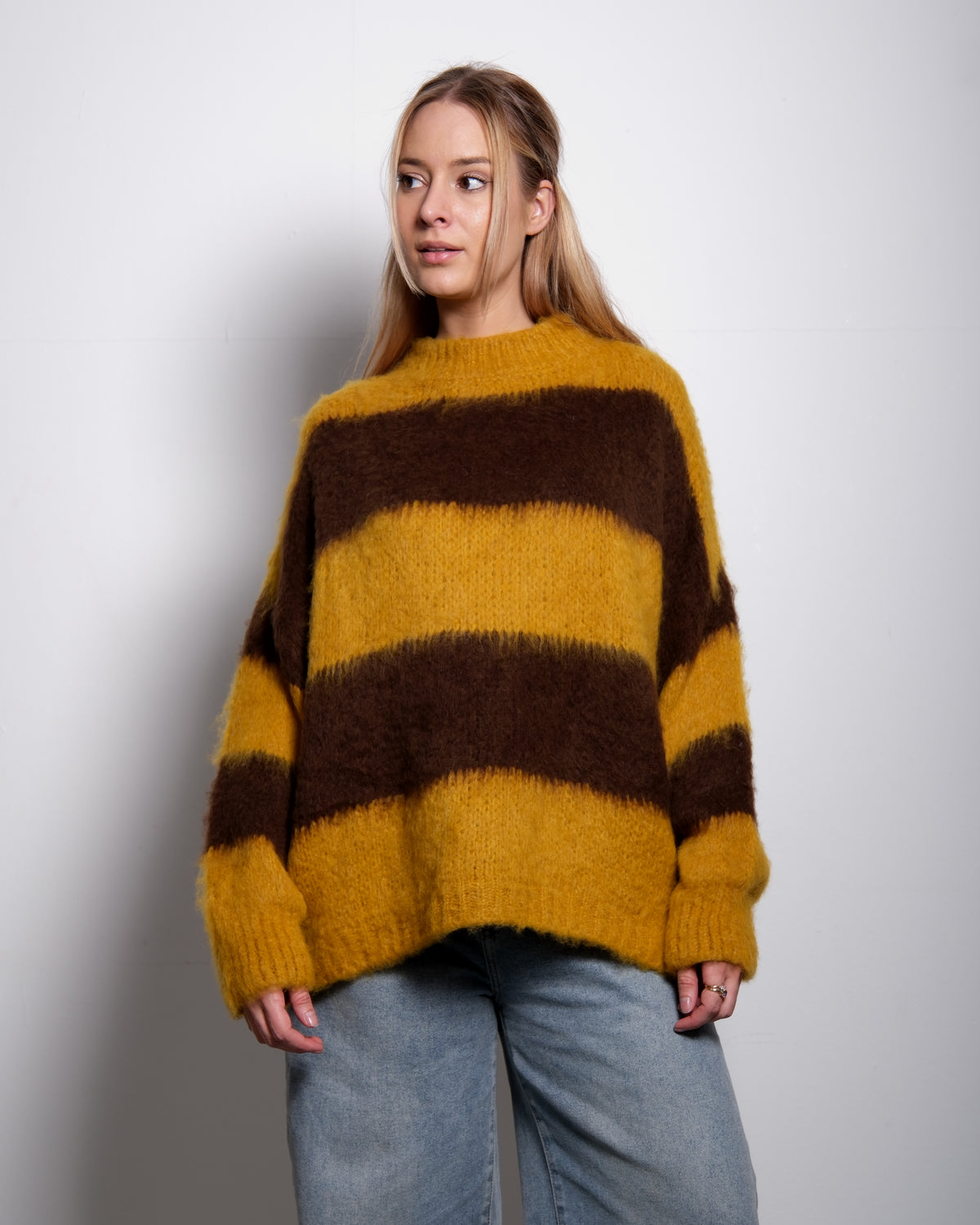 Fluffy Striped Sweater Yellow and Taupe | SEISHIKI STUDIO