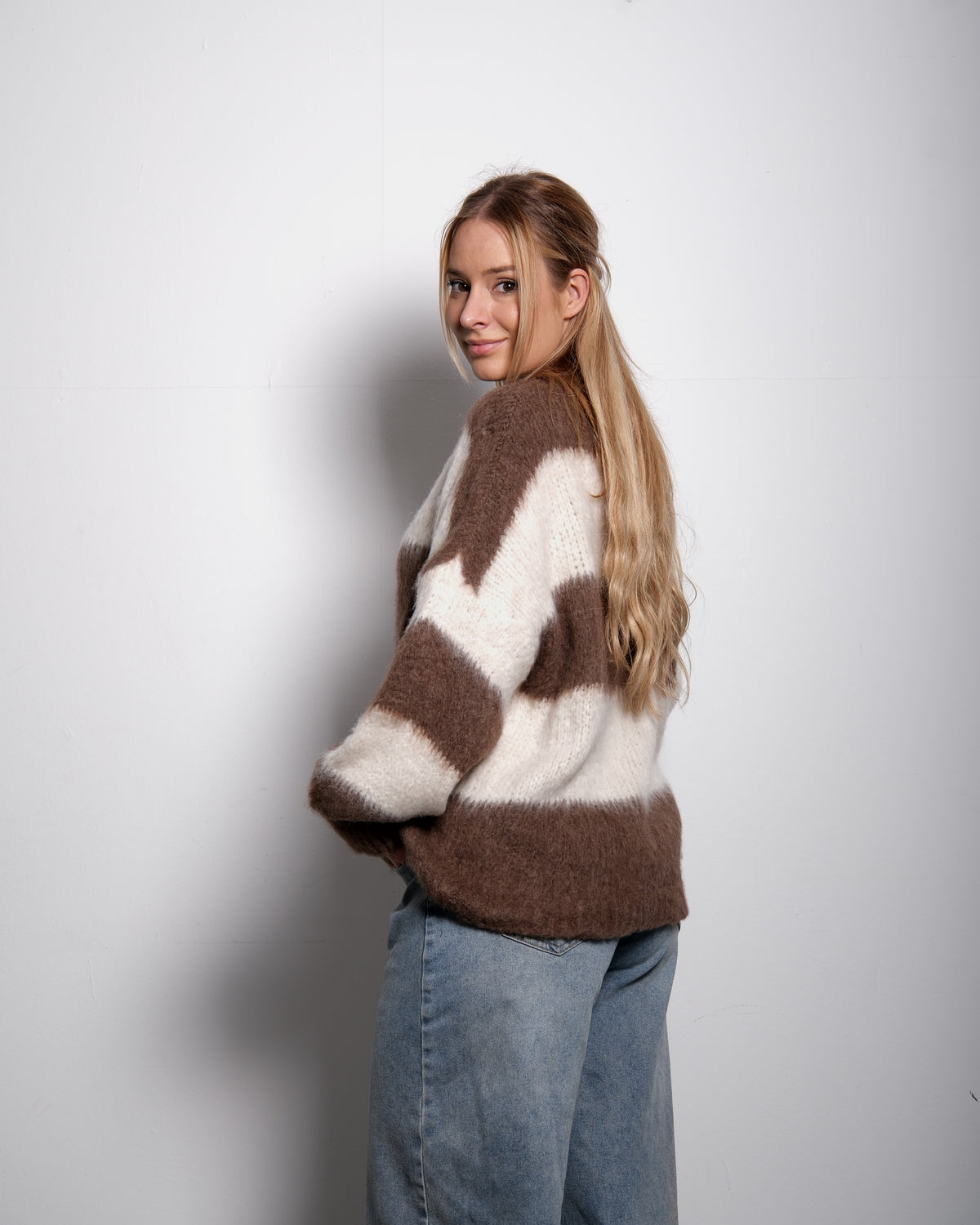 Fluffy Striped Sweater Taupe and White | SEISHIKI STUDIO