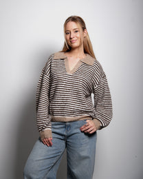 STRIPED COLLARED KNIT SWEATER BEIGE | SEISHIKI STUDIO