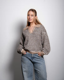 STRIPED COLLARED KNIT SWEATER BEIGE | SEISHIKI STUDIO