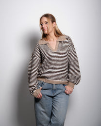 STRIPED COLLARED KNIT SWEATER BEIGE | SEISHIKI STUDIO