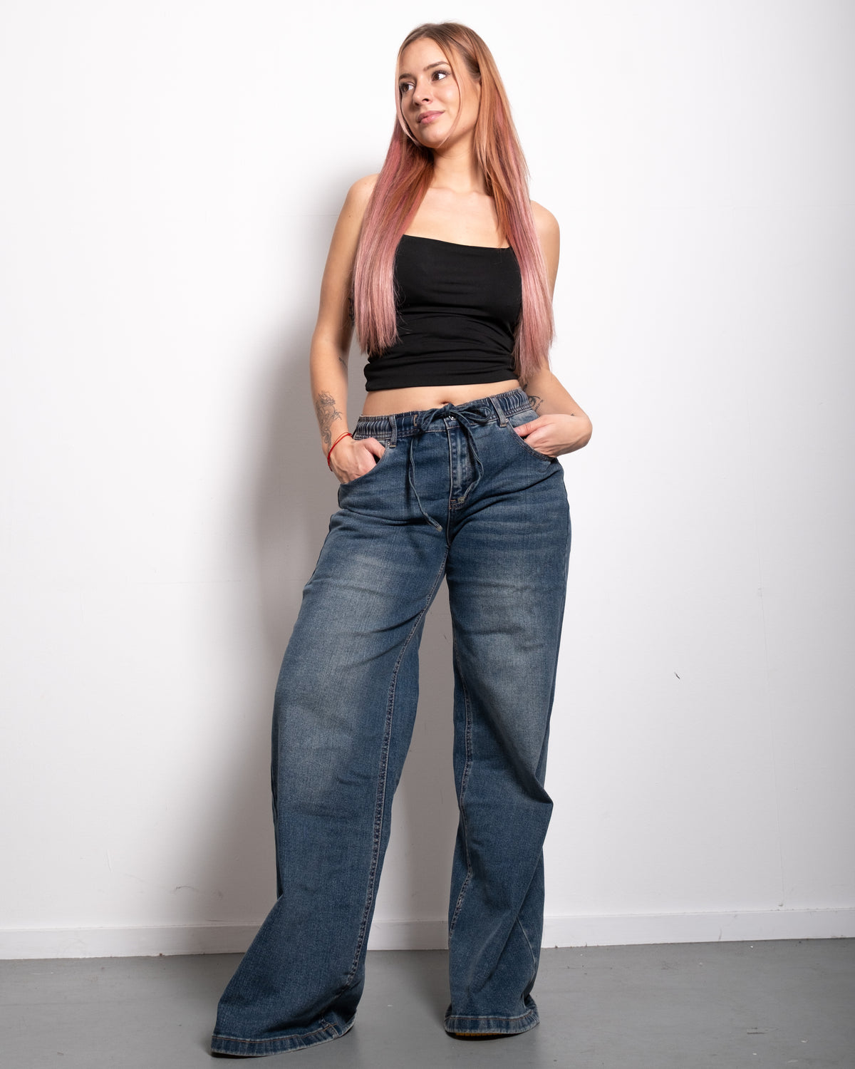 INSEAM 82CM - MEDIUM WASH WIDE LEG JEANS WITH WAIST STRING | SEISHIKI STUDIO