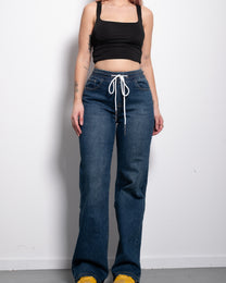 INSEAM 78CM - MEDIUM WASH WIDE LEG JEANS WITH WHITE DRAWSTRING AND COLLEGE PATCH| SEISHIKI STUDIO