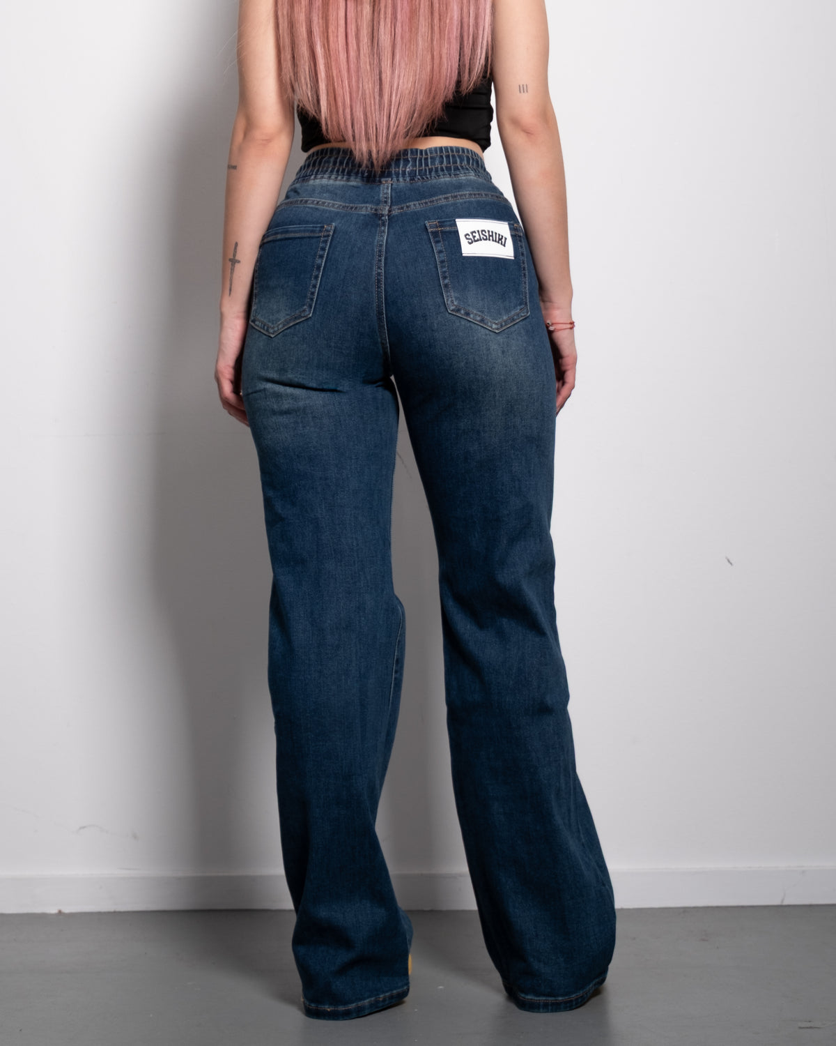 INSEAM 78CM - MEDIUM WASH WIDE LEG JEANS WITH WHITE DRAWSTRING AND COLLEGE PATCH| SEISHIKI STUDIO
