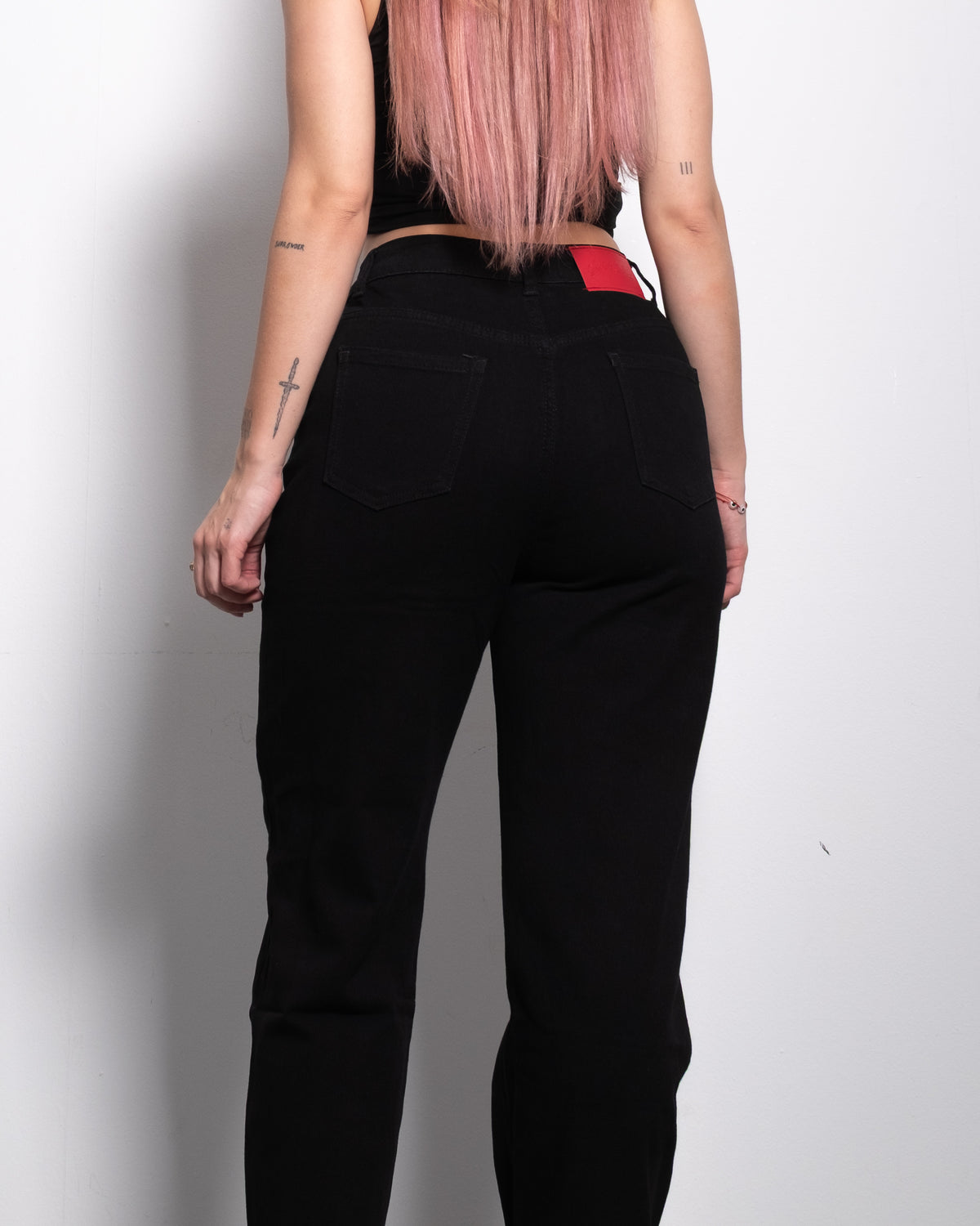 INSEAM 72CM - STRECHY BLACK BALLOON JEANS WITH RED PATCH | SEISHIKI STUDIO