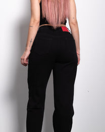 INSEAM 72CM - STRECHY BLACK BALLOON JEANS WITH RED PATCH | SEISHIKI STUDIO