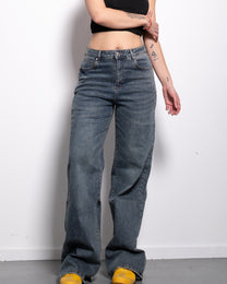 INSEAM 82CM - DIRTY DARK WASH WIDE LEG JEANS WITH SHADING AND PINK PATCH | SEISHIKI STUDIO