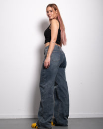 INSEAM 82CM - DIRTY DARK WASH WIDE LEG JEANS WITH SHADING AND PINK PATCH | SEISHIKI STUDIO