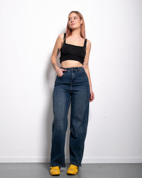 INSEAM 72CM - STRECHY DARK VINTAGE WASH BALLOON JEANS WITH PINK PATCH | SEISHIKI STUDIO