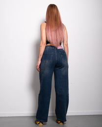 INSEAM 72CM - STRECHY DARK VINTAGE WASH BALLOON JEANS WITH PINK PATCH | SEISHIKI STUDIO