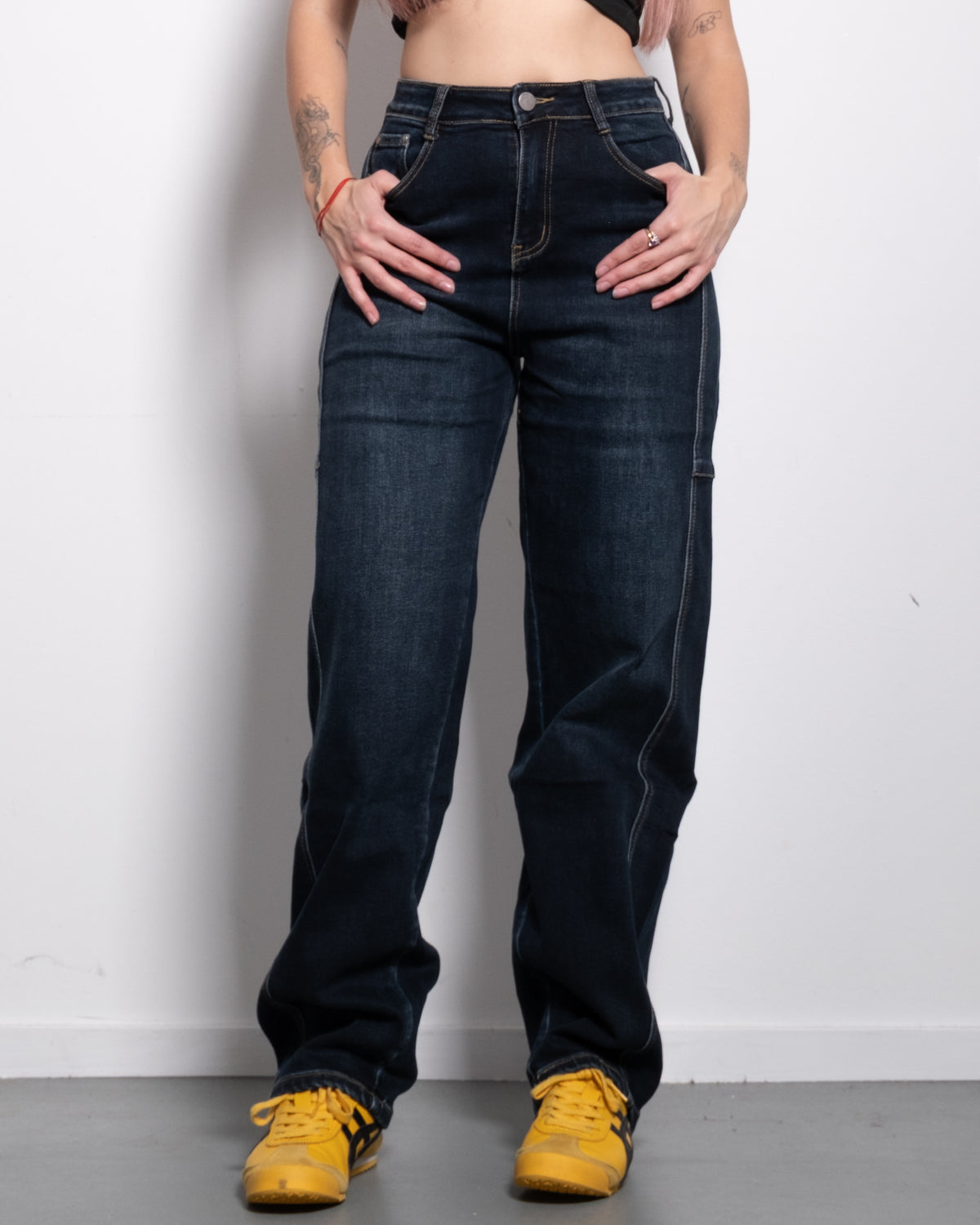 INSEAM 78CM - DARK WASH CONTRAST SEAMS BALLOON JEANS WITH BROWN PATCH | SEISHIKI STUDIO