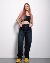 INSEAM 78CM - DARK WASH CONTRAST SEAMS BALLOON JEANS WITH BROWN PATCH | SEISHIKI STUDIO