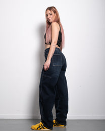 INSEAM 78CM - DARK WASH CONTRAST SEAMS BALLOON JEANS WITH BROWN PATCH | SEISHIKI STUDIO