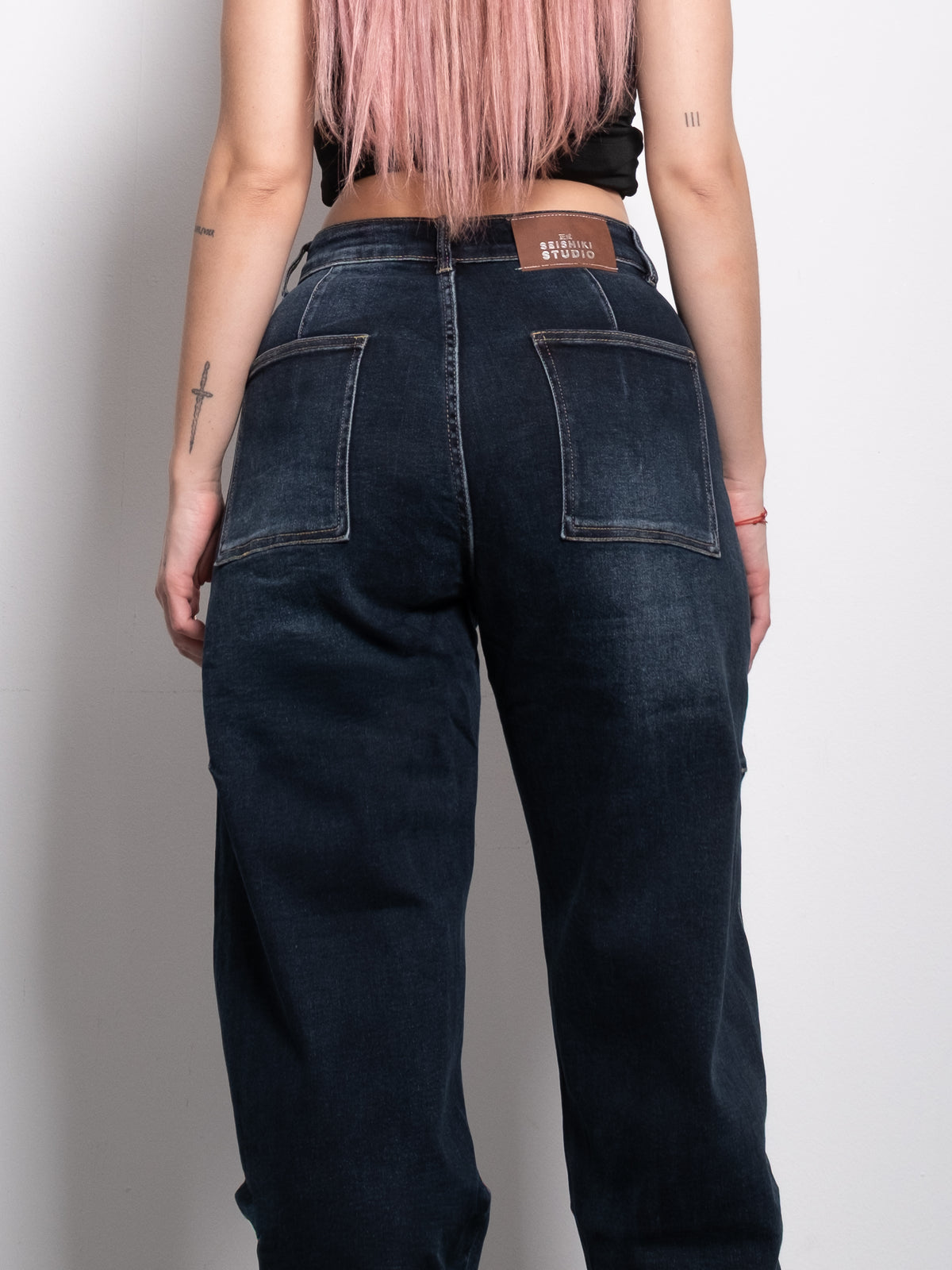INSEAM 78CM - DARK WASH CONTRAST SEAMS BALLOON JEANS WITH BROWN PATCH | SEISHIKI STUDIO