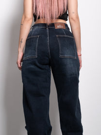 INSEAM 78CM - DARK WASH CONTRAST SEAMS BALLOON JEANS WITH BROWN PATCH | SEISHIKI STUDIO