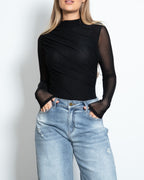 MESH DRAPED BODYSUIT BLACK