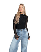 MESH DRAPED BODYSUIT BLACK