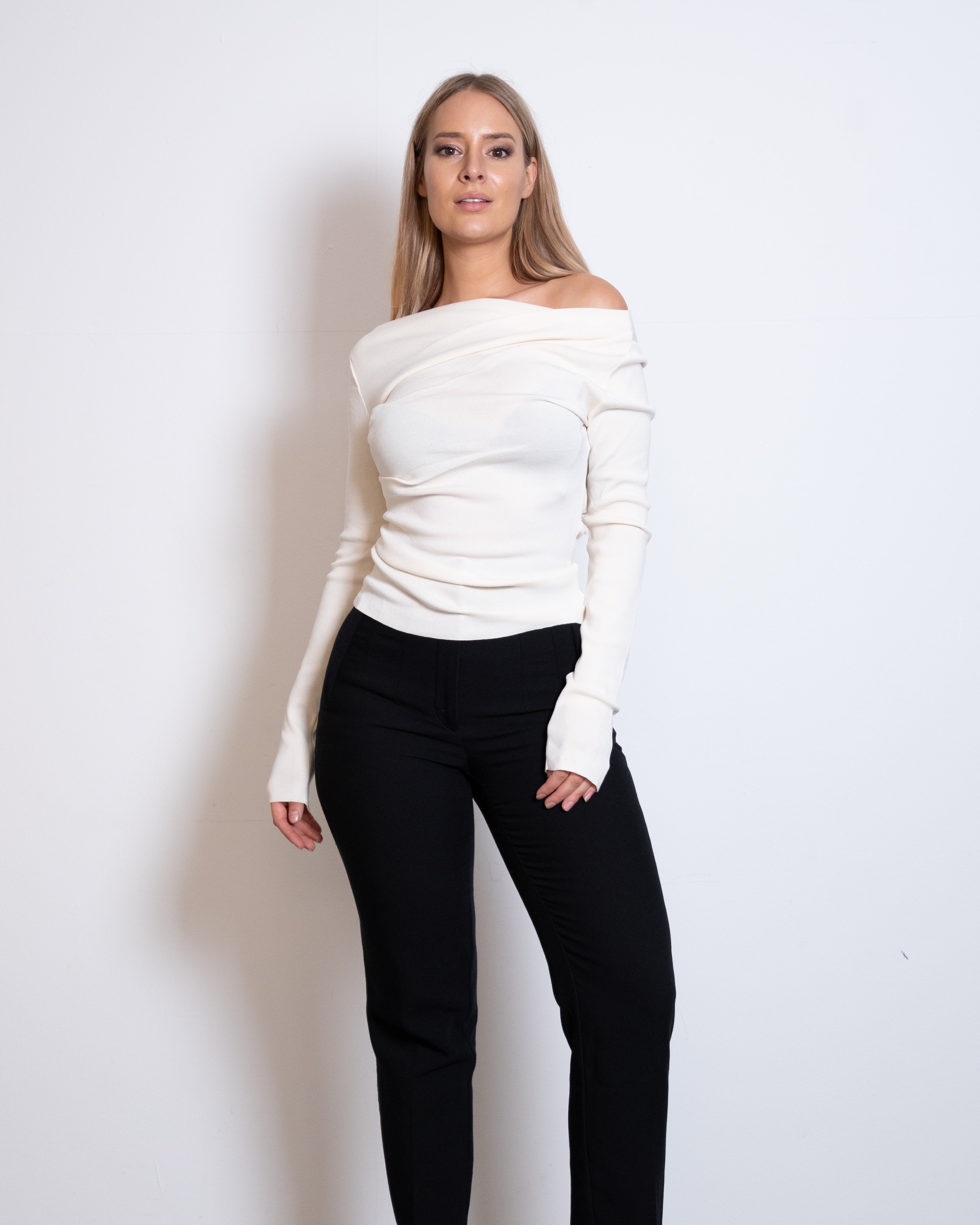 ONE SHOULDER LONG SLEEVE DRAPED TOP WHITE