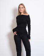 ONE SHOULDER LONG SLEEVE DRAPED TOP BLACK