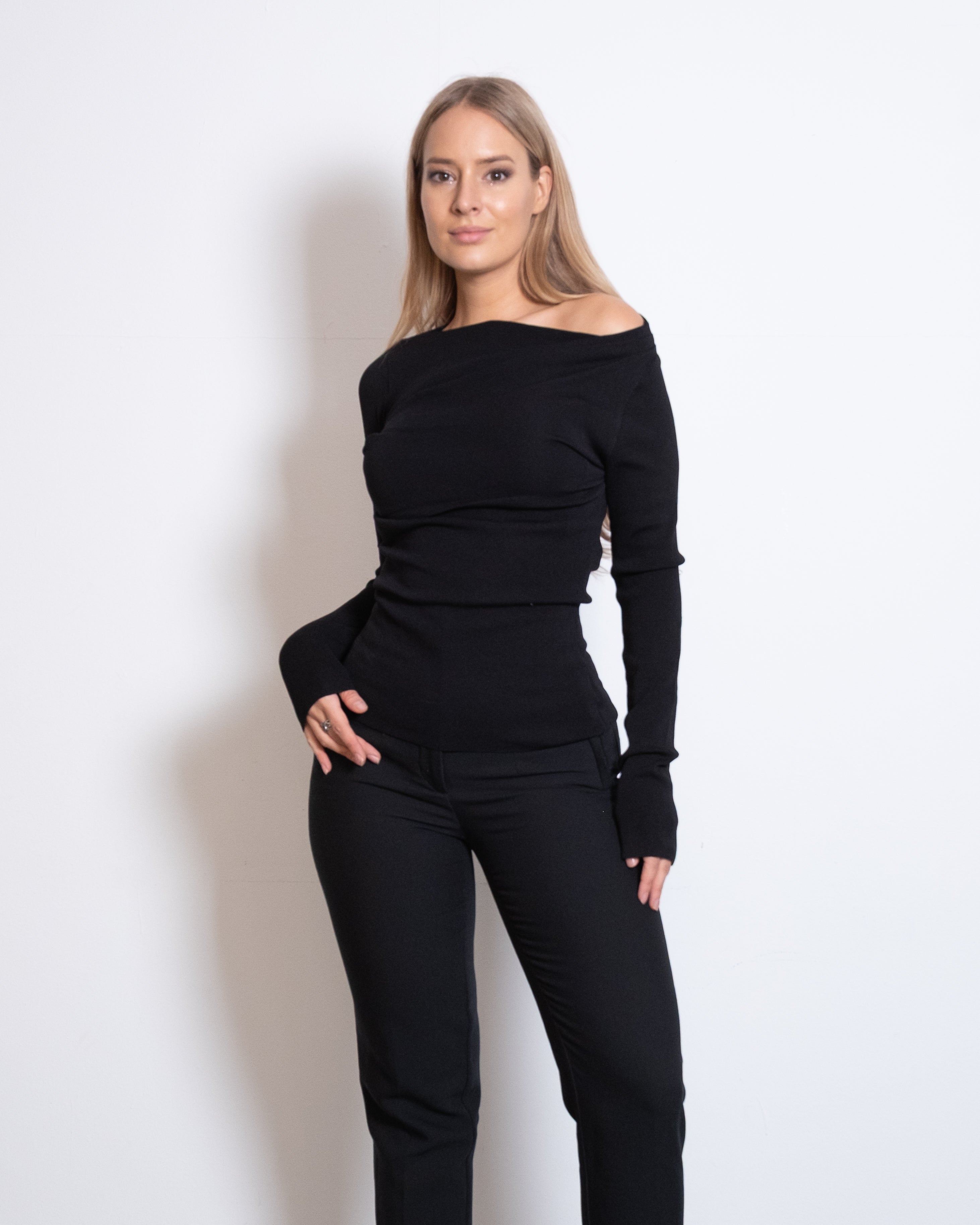 ONE SHOULDER LONG SLEEVE DRAPED TOP BLACK