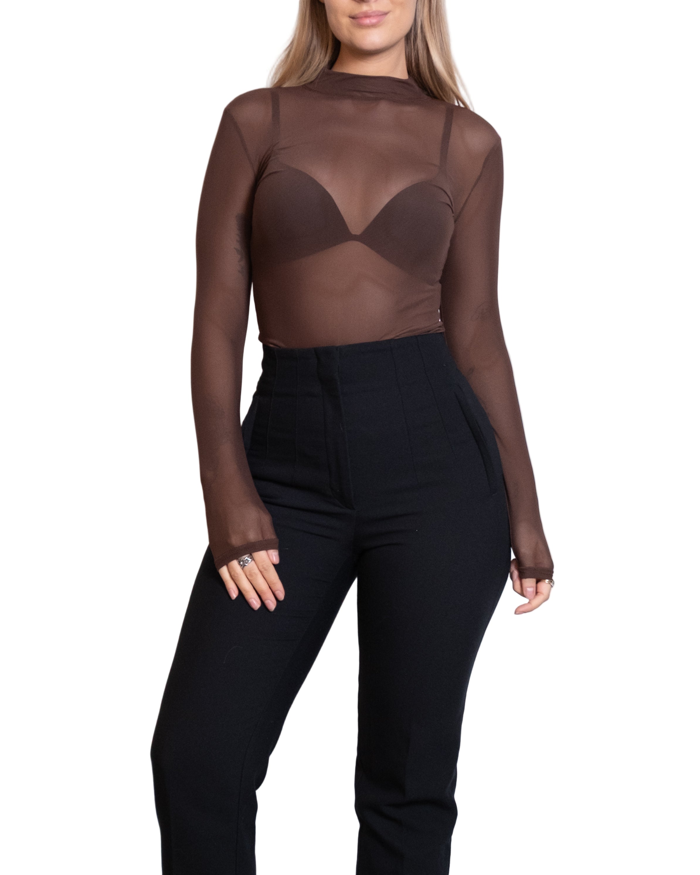 LONG SLEEVE SHEER MESH BODY BROWN
