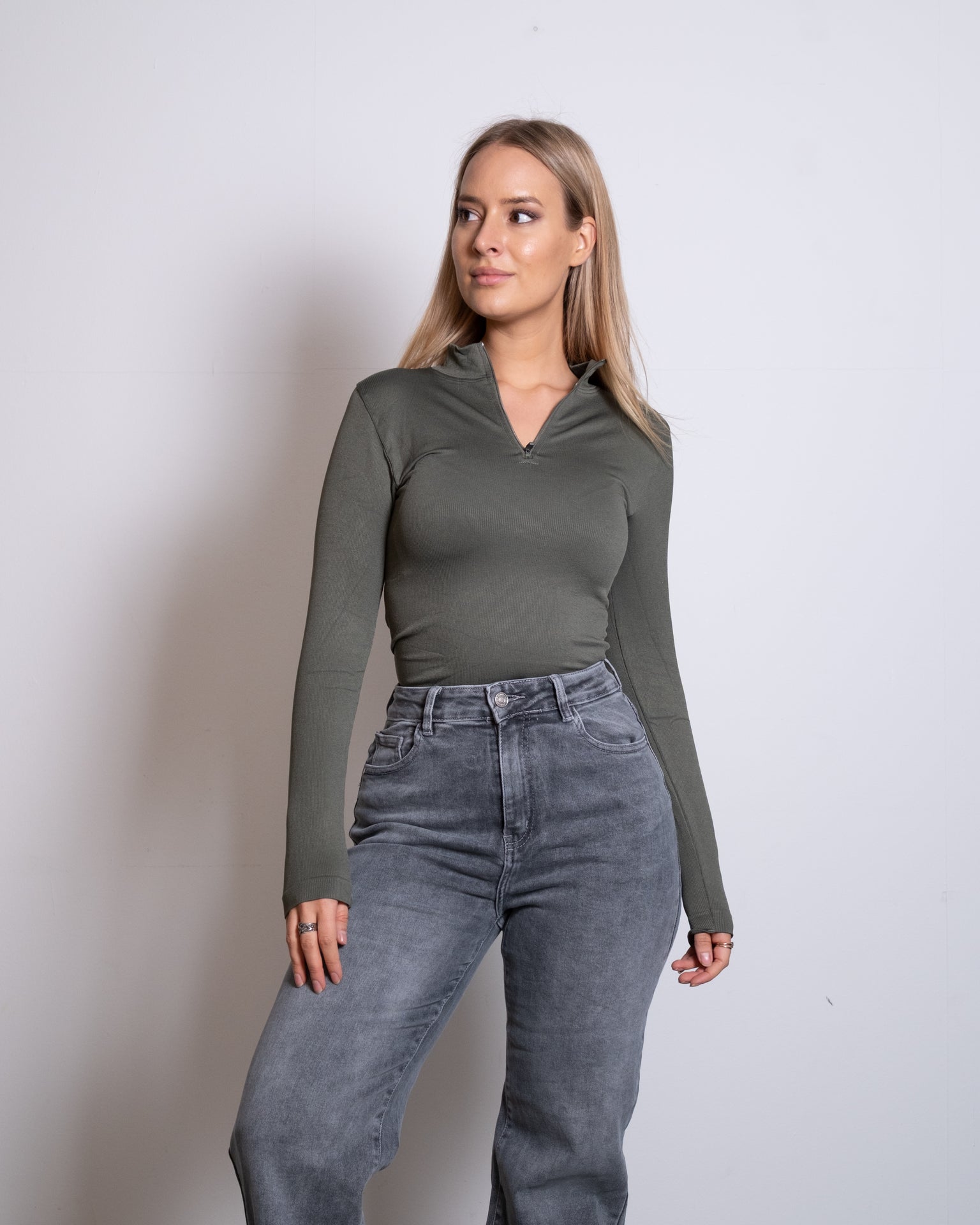 STRETCHY LONGSLEEVE HIGH NECK ZIPPER SHAPEWEAR BODYSUIT GREEN | SEISHIKI STUDIO