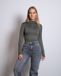 STRETCHY LONGSLEEVE HIGH NECK ZIPPER SHAPEWEAR BODYSUIT GREEN | SEISHIKI STUDIO