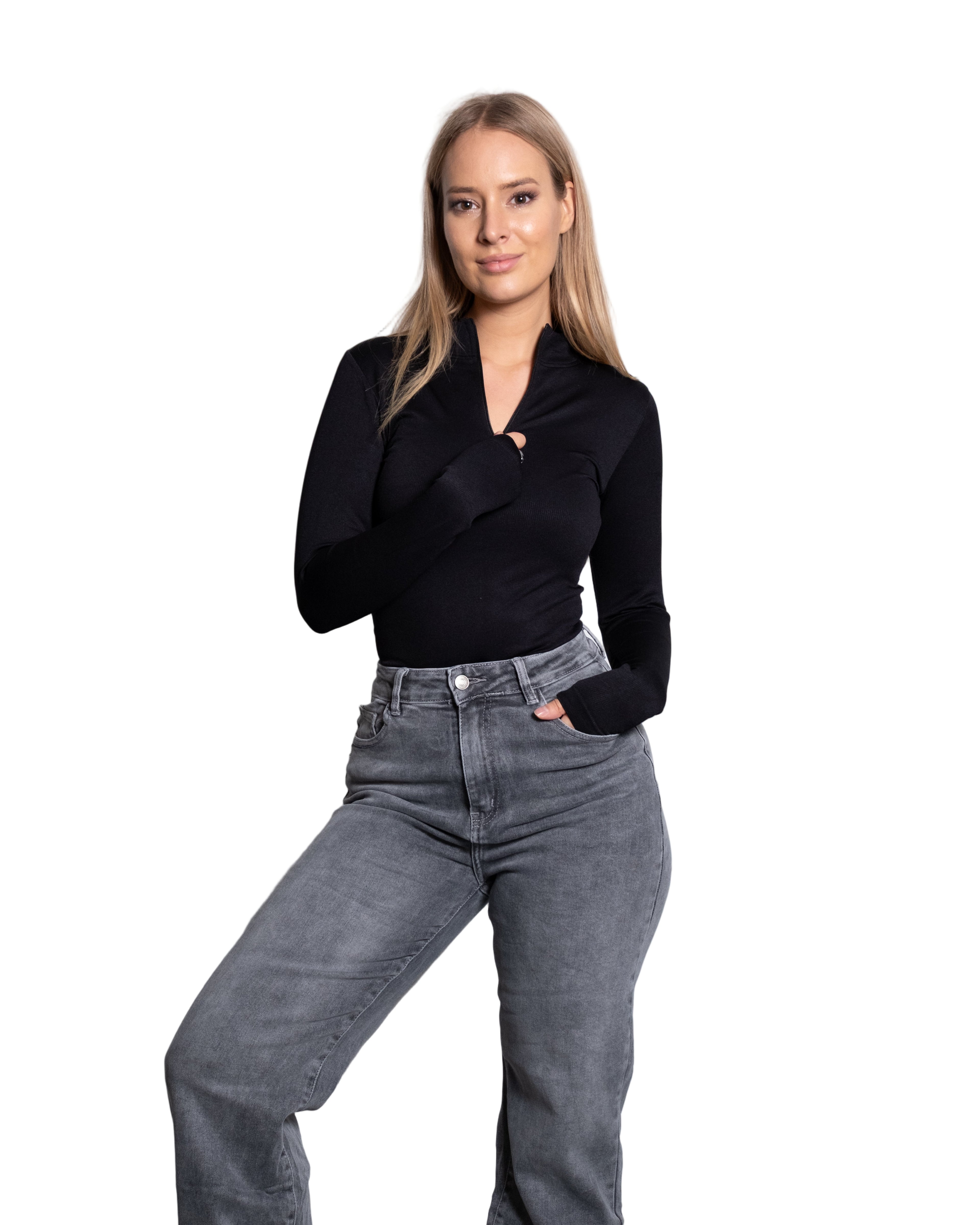 LONGSLEEVE HIGH NECK ZIPPER SHAPEWEAR BODYSUIT BLACK