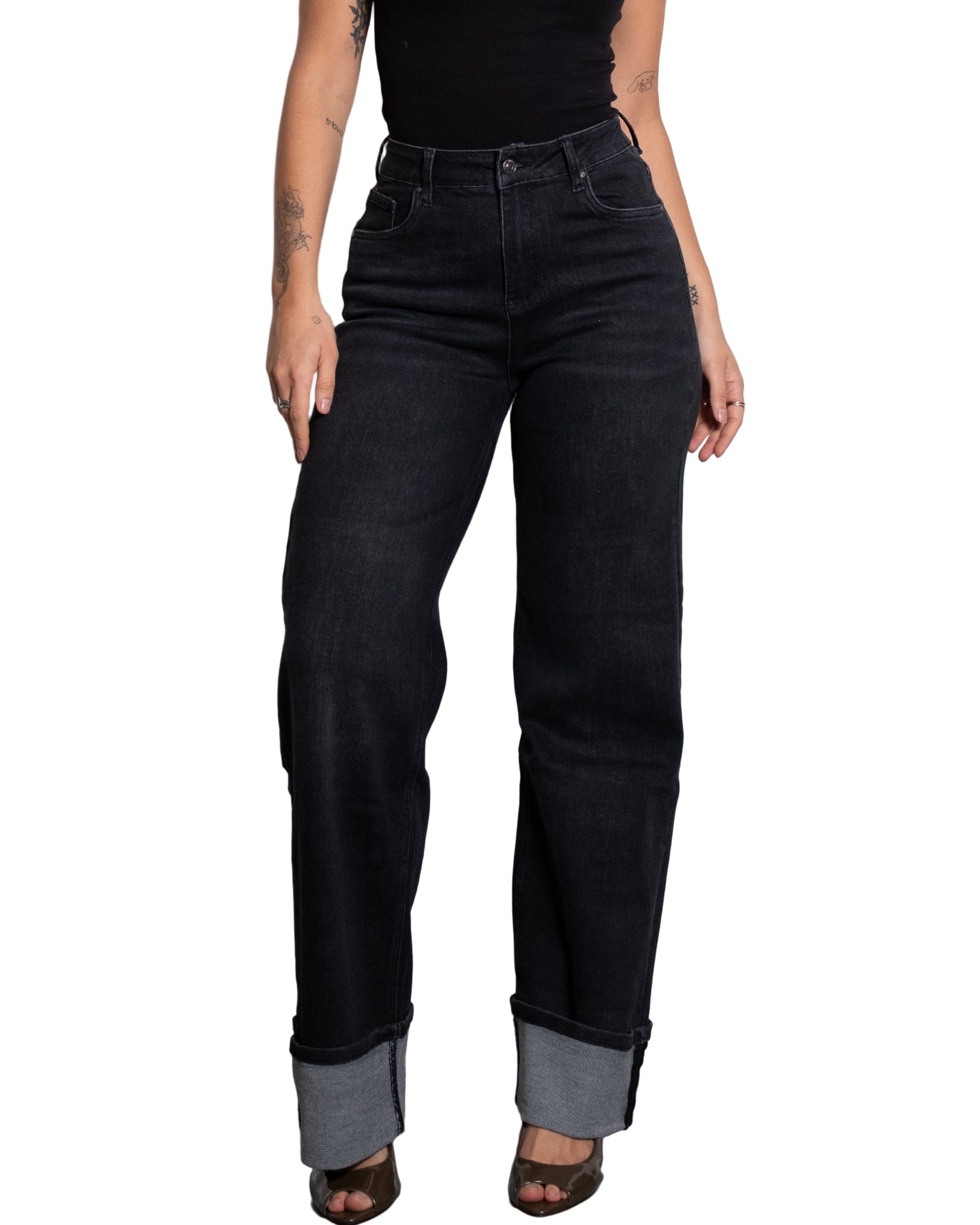 BLACK WIDE LEG JEANS WITH FOLDED BOTTOM - IL 74CM