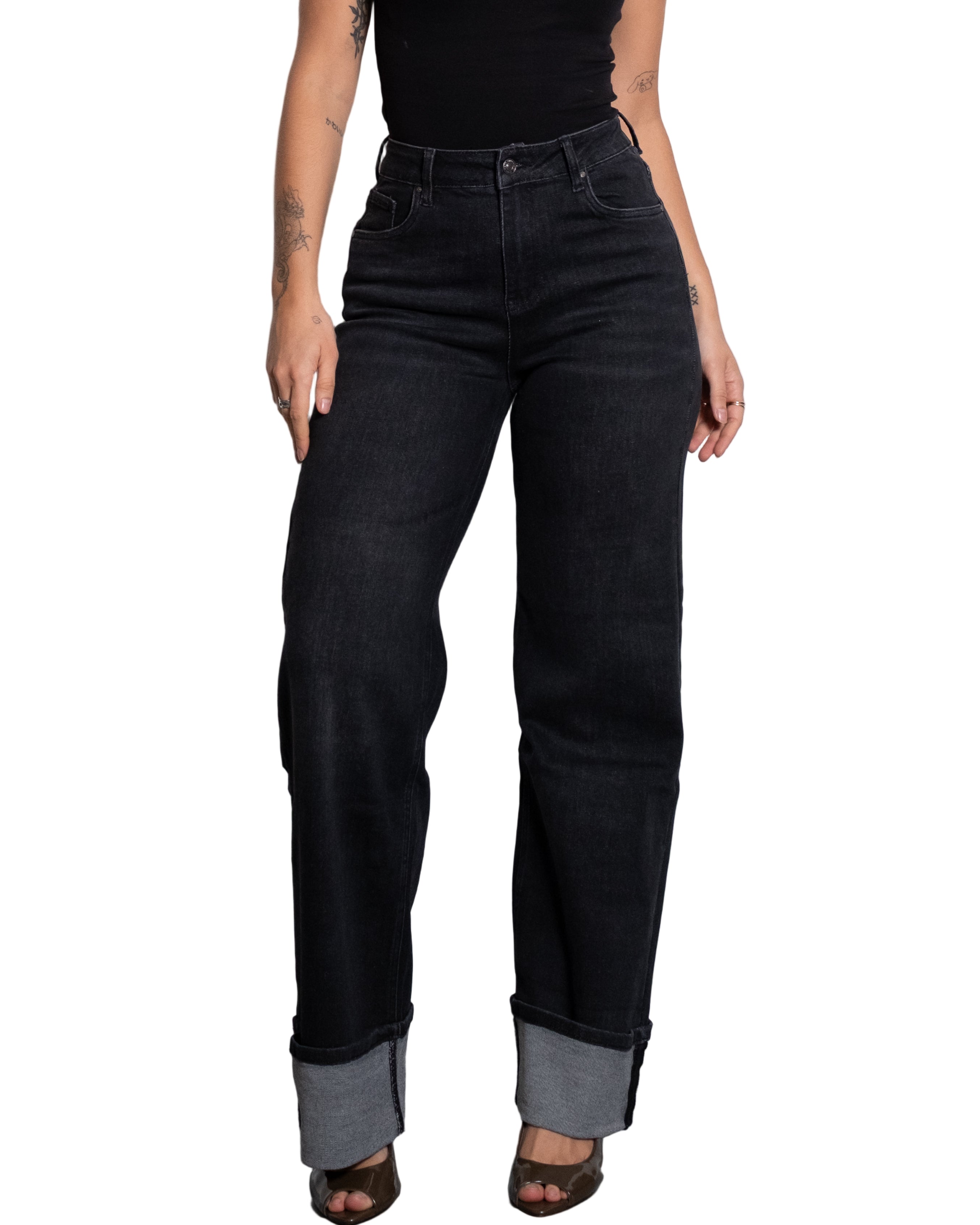 BLACK WIDE LEG JEANS WITH FOLDED BOTTOM - IL 74CM