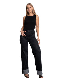 BUTTER FLEX -  BLACK WIDE LEG JEANS WITH FOLDED BOTTOM - IL 74CM | SEISHIKI STUDIO