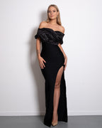 RUCHED OFF SHOULDER LONG DRESS WITH SLIT