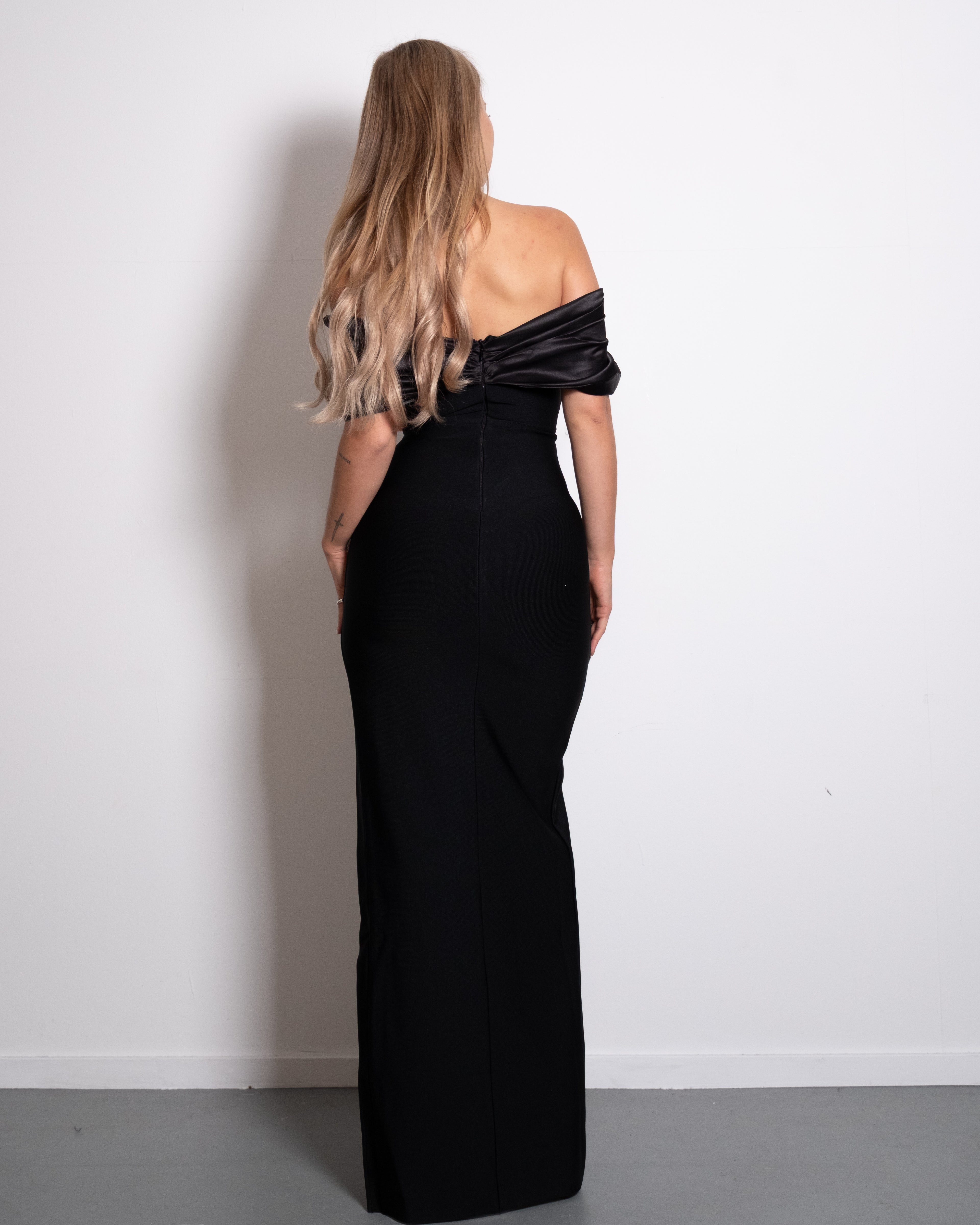 RUCHED OFF SHOULDER LONG DRESS WITH SLIT