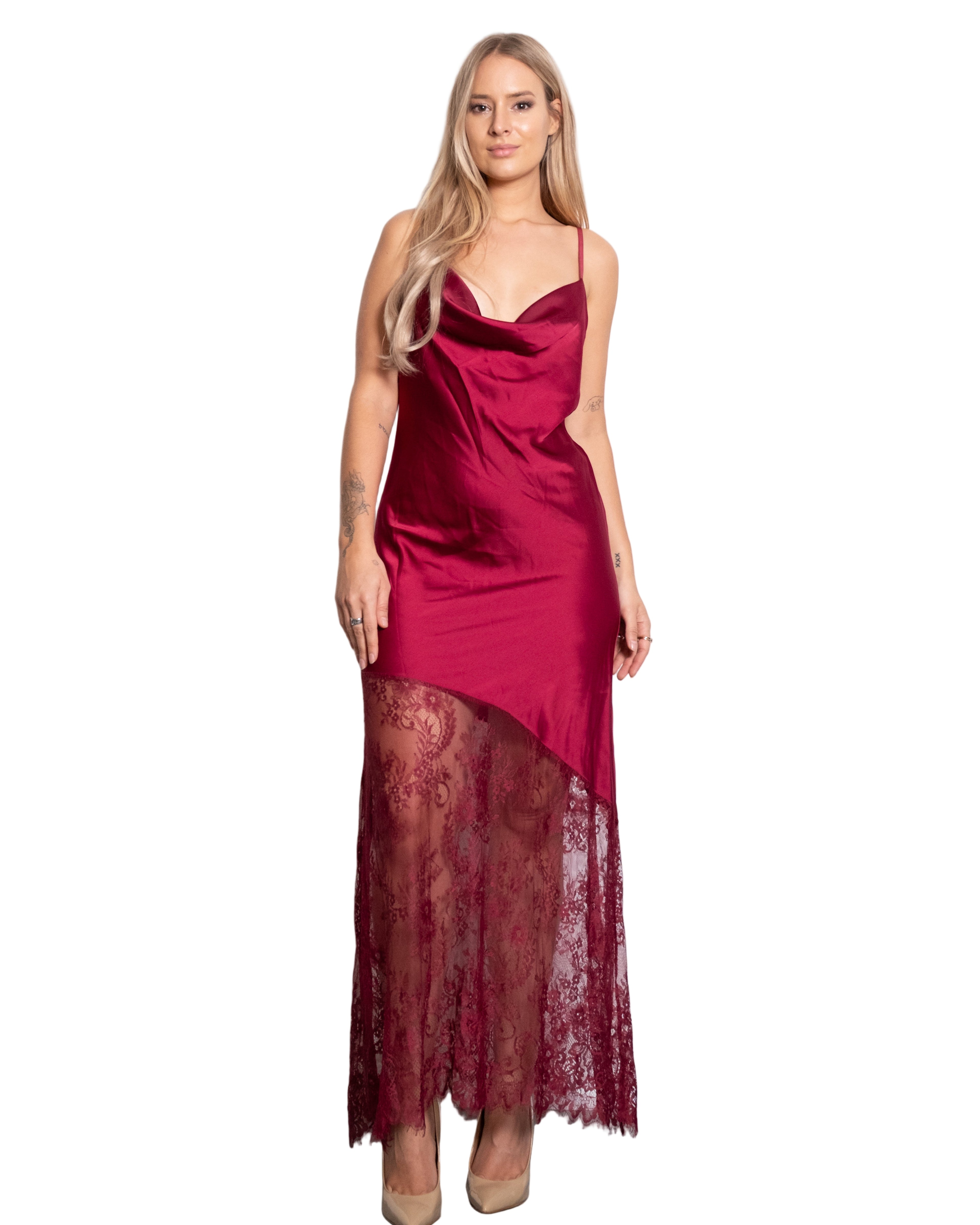ASYMMETRIC DRAPED LACE DRESS RED
