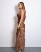 ASYMMETRIC DRAPED LACE DRESS BROWN
