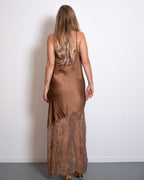 ASYMMETRIC DRAPED LACE DRESS BROWN