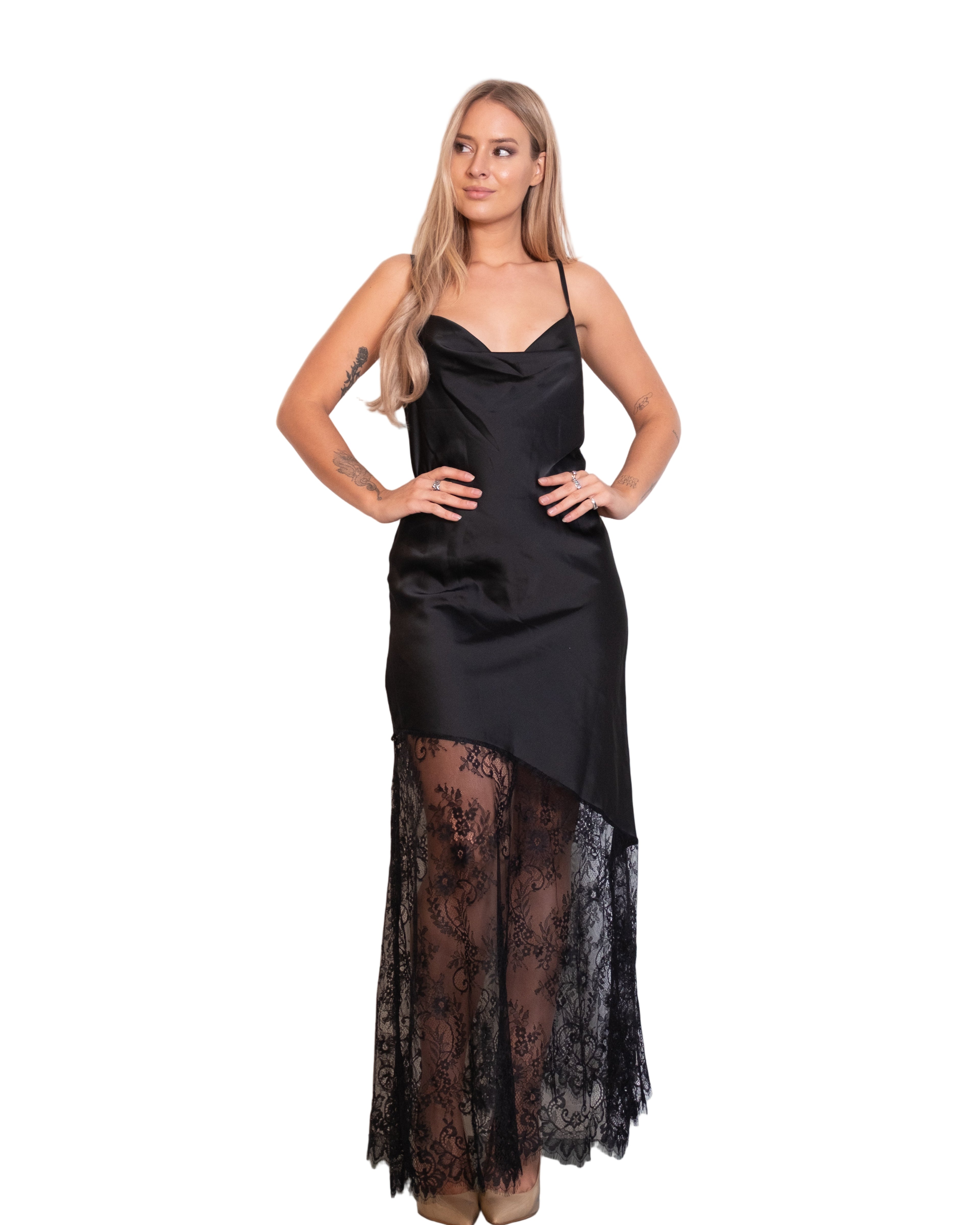 ASYMMETRIC DRAPED LACE DRESS BLACK