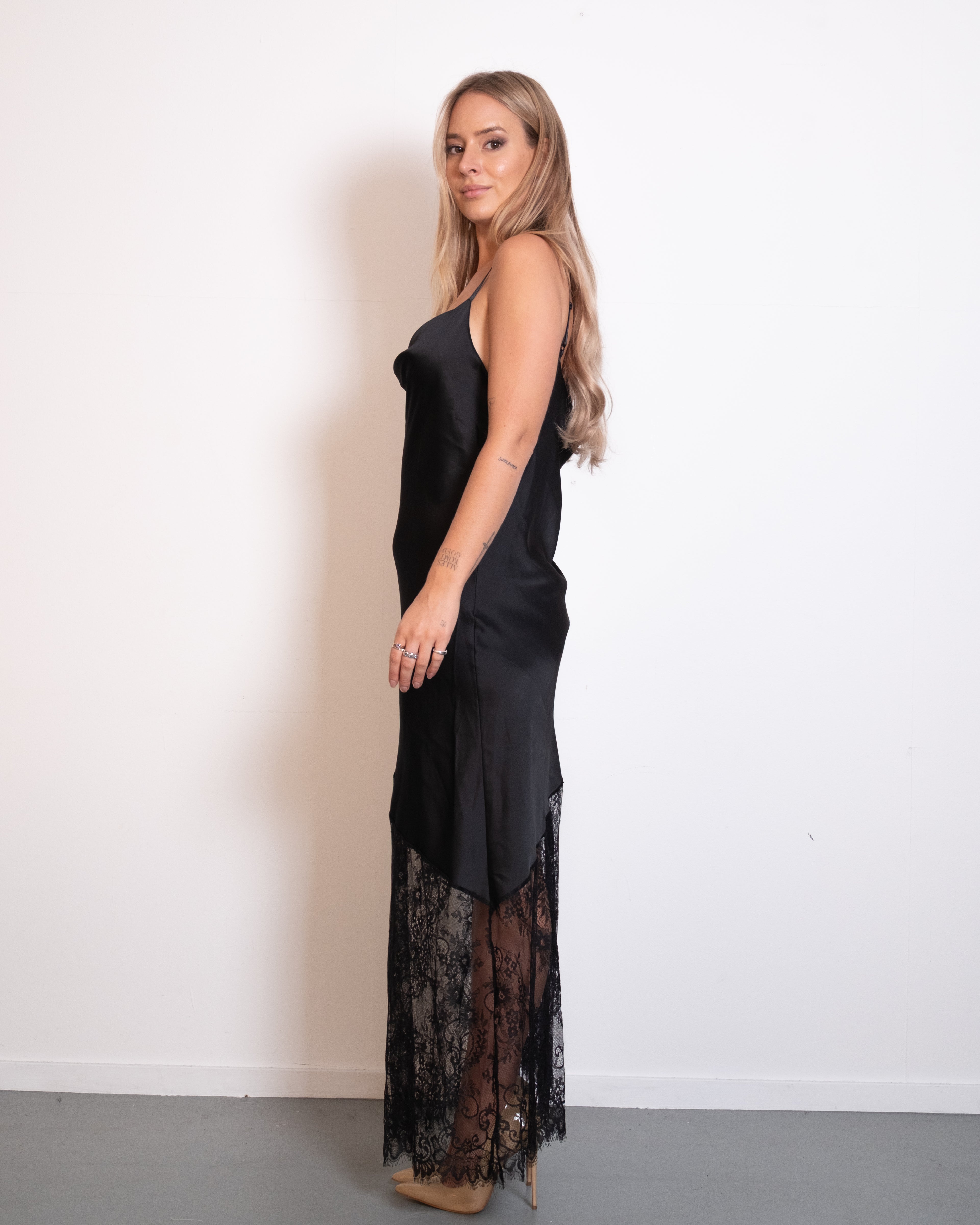 ASYMMETRIC DRAPED LACE DRESS BLACK