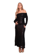 OFF SHOULDER LONG SEQUIN DRESS BLACK