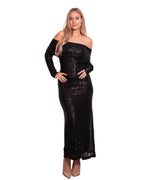 OFF SHOULDER LONG SEQUIN DRESS BLACK