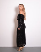 OFF SHOULDER LONG SEQUIN DRESS BLACK
