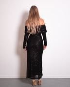 OFF SHOULDER LONG SEQUIN DRESS BLACK