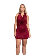 DRAPED FRONT HALTER NECK SHORT DRESS BURGUNDY