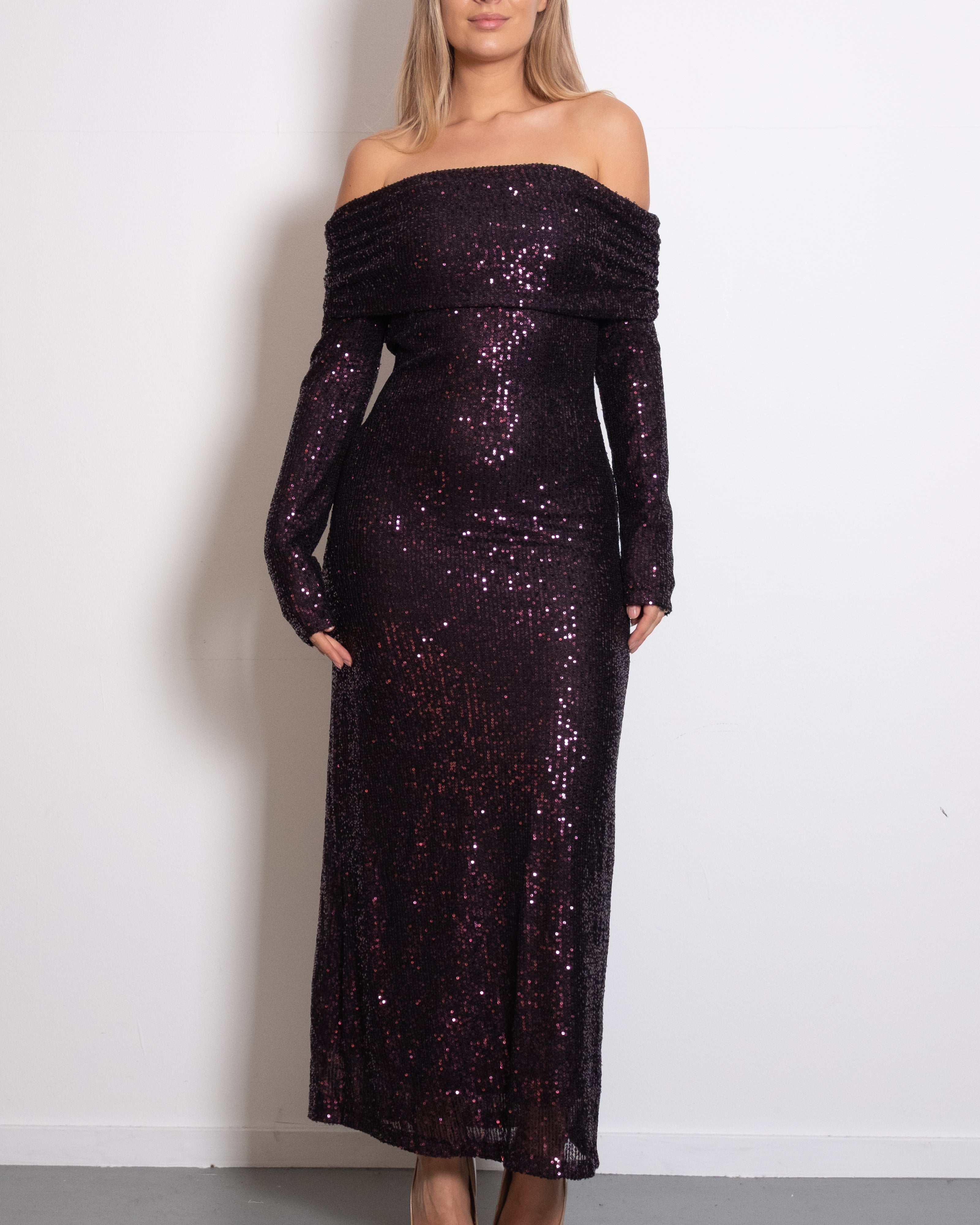 OFF SHOULDER LONG SEQUIN DRESS PURPLE