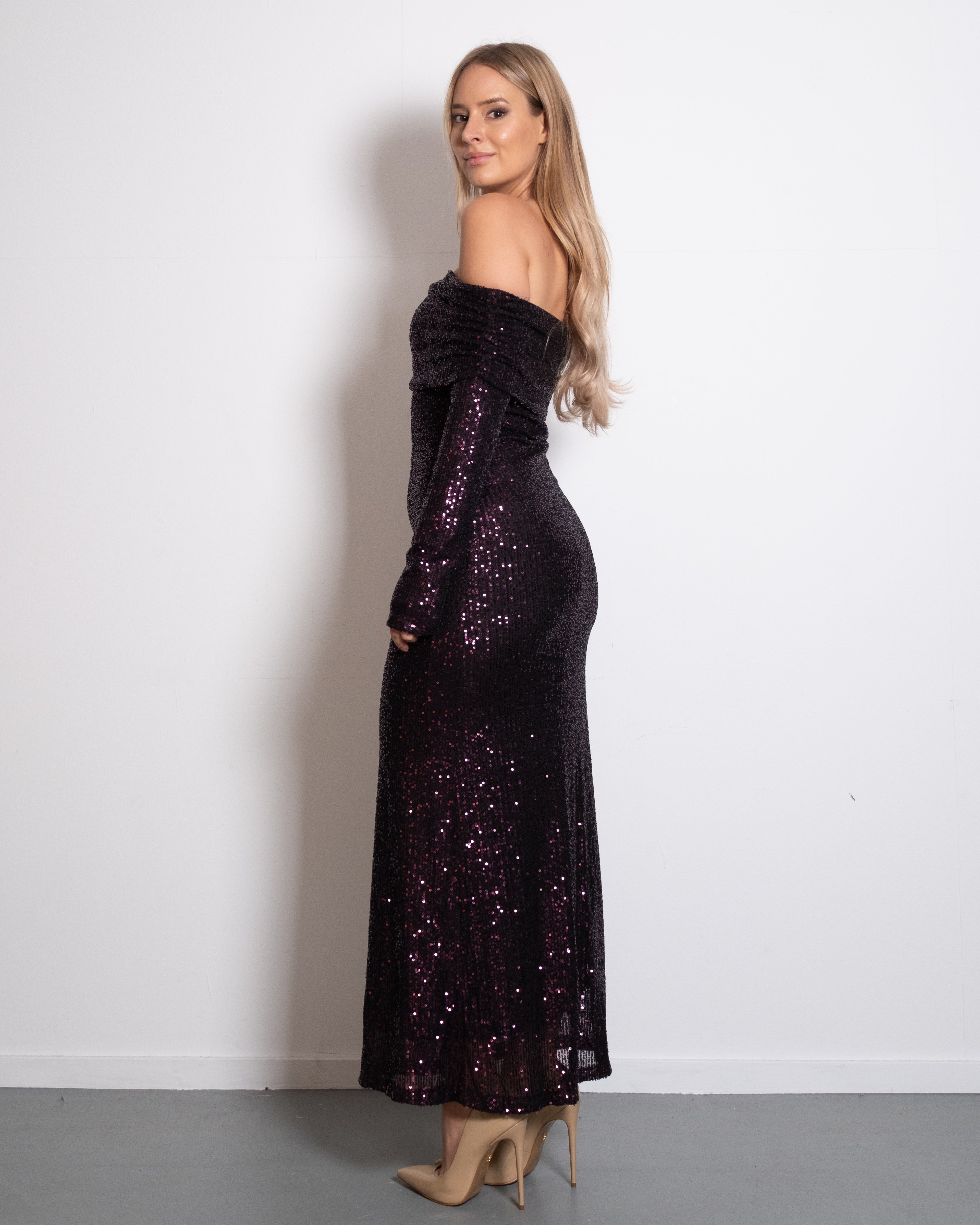 OFF SHOULDER LONG SEQUIN DRESS PURPLE