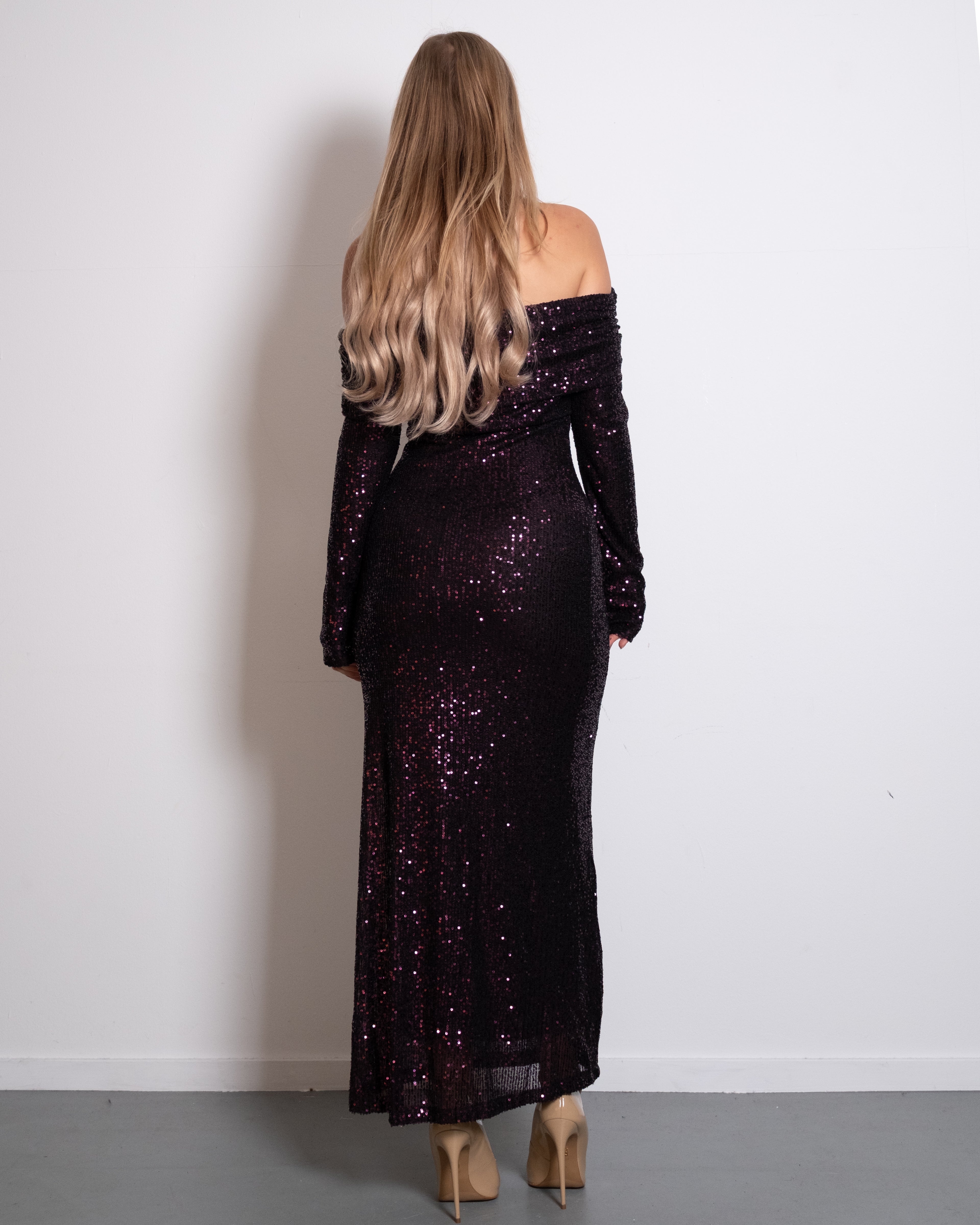 OFF SHOULDER LONG SEQUIN DRESS PURPLE