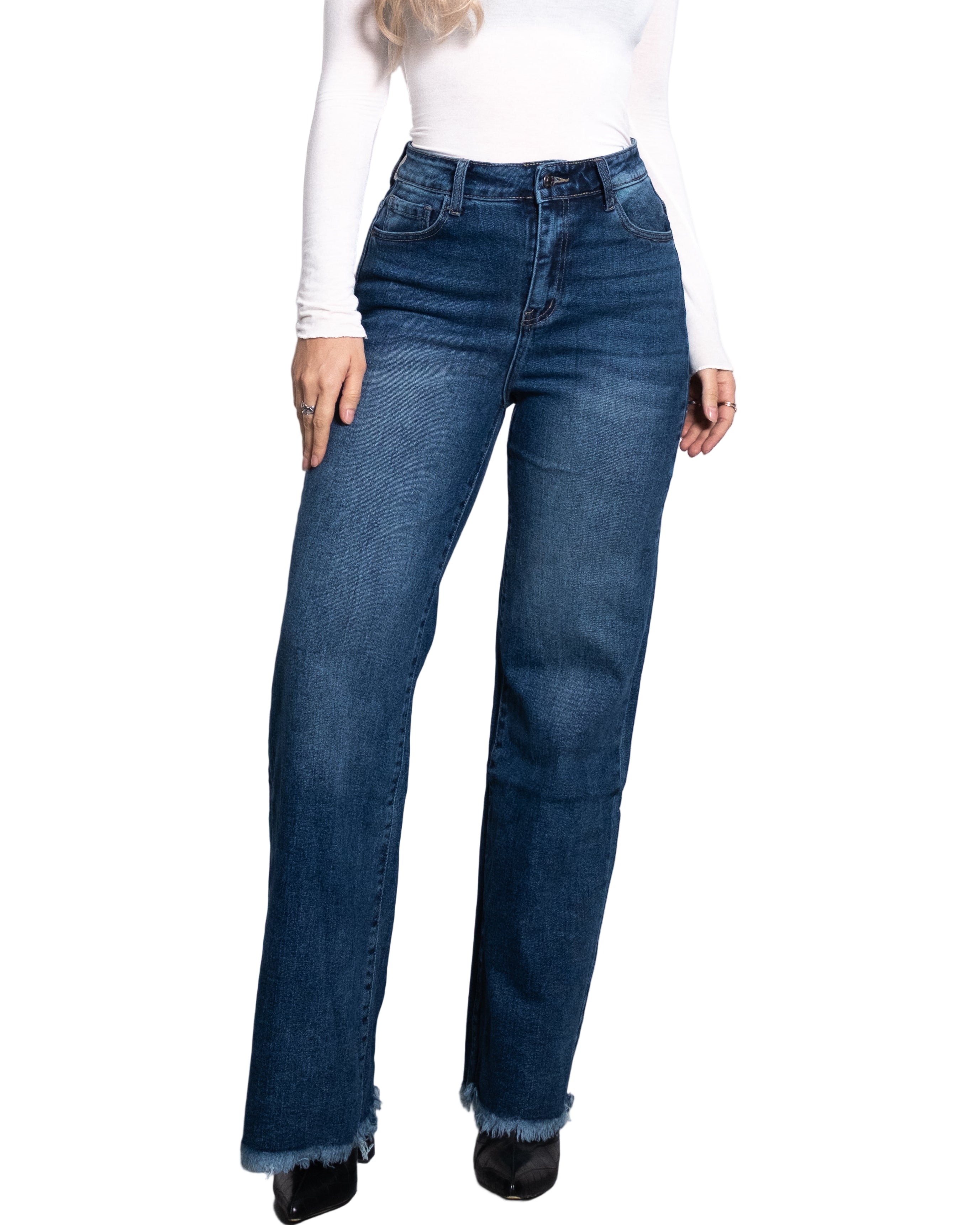 WIDE LEG JEANS WITH FRAYED HEM DARK BLUE